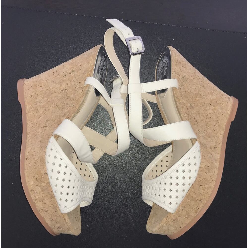 Vince Camuto Ilario Womens Leather Wedge Sandals Cork Cloud Cream Woven 9.5